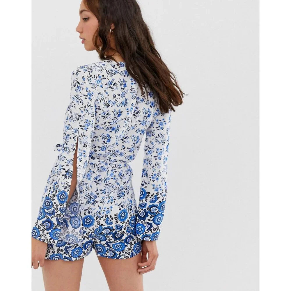 ASOS Parisian Long Sleeve Romper Size 6 Petite Floral Border Print Blue 6P